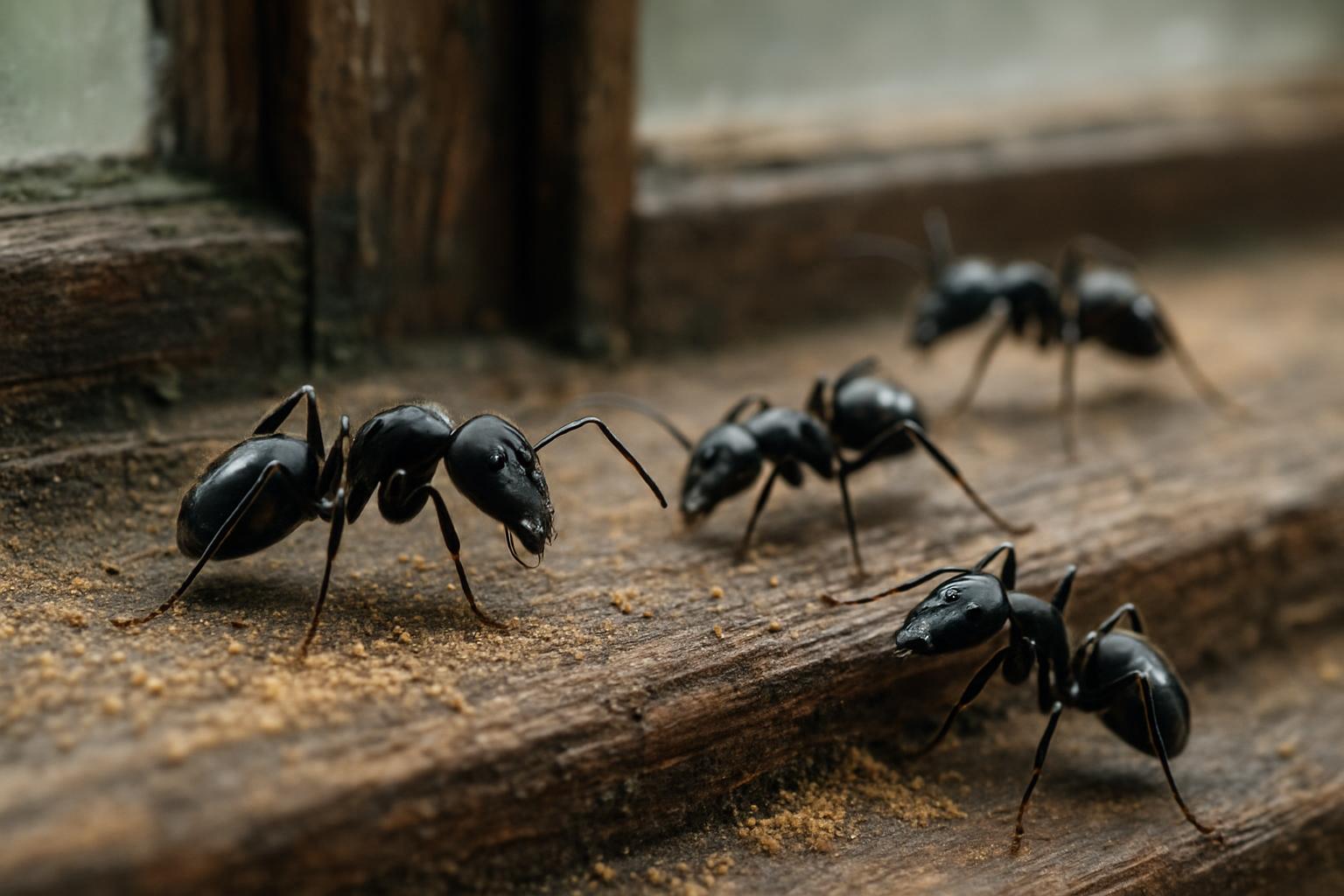 Carpenter ants in damp wood trim of an older New Brunswick Victorian home