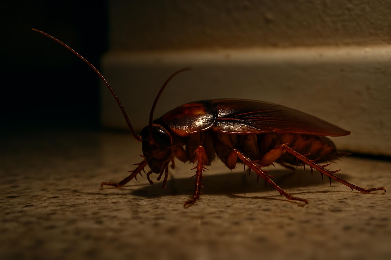German cockroach near a kitchen baseboard in a New Brunswick apartment