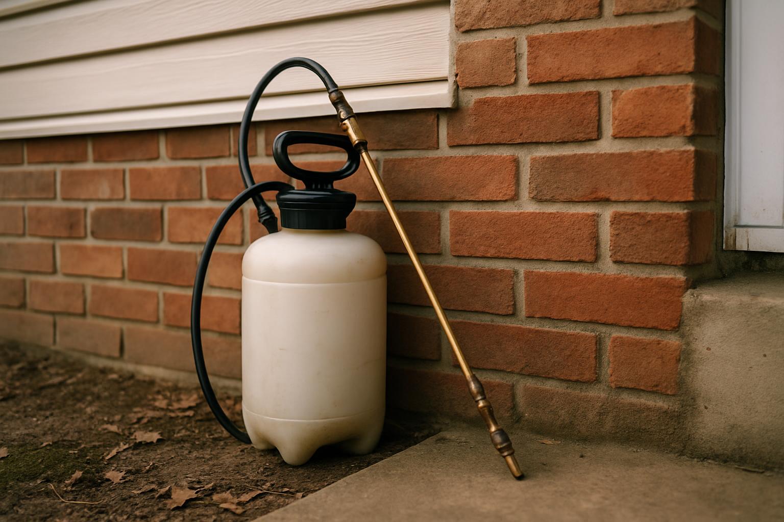 Local exterminator treating the exterior perimeter of a New Brunswick home