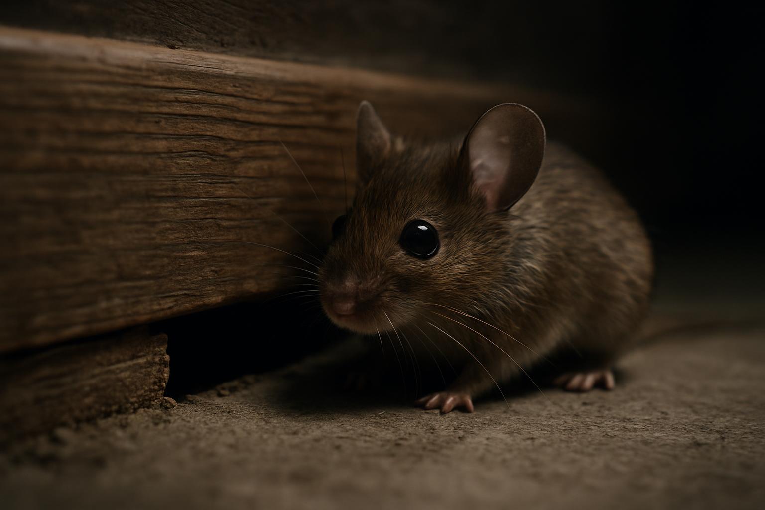 Mouse near a New Brunswick basement wall gap during fall rodent season
