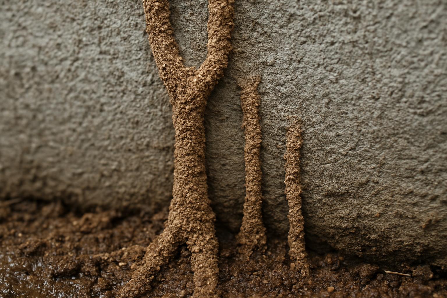 Subterranean termite mud tubes on a New Brunswick home foundation near the Raritan River